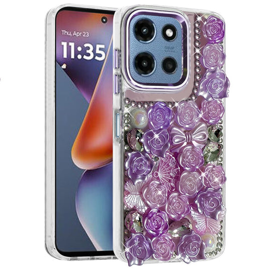 Phone Case for Motorola Moto G Play 5G 2026 3D Flower Bling Rhinestone Glitter Cute Stylish Shockproof Protective Decorative Luxury Grip Stones Ornaments Cover Purple