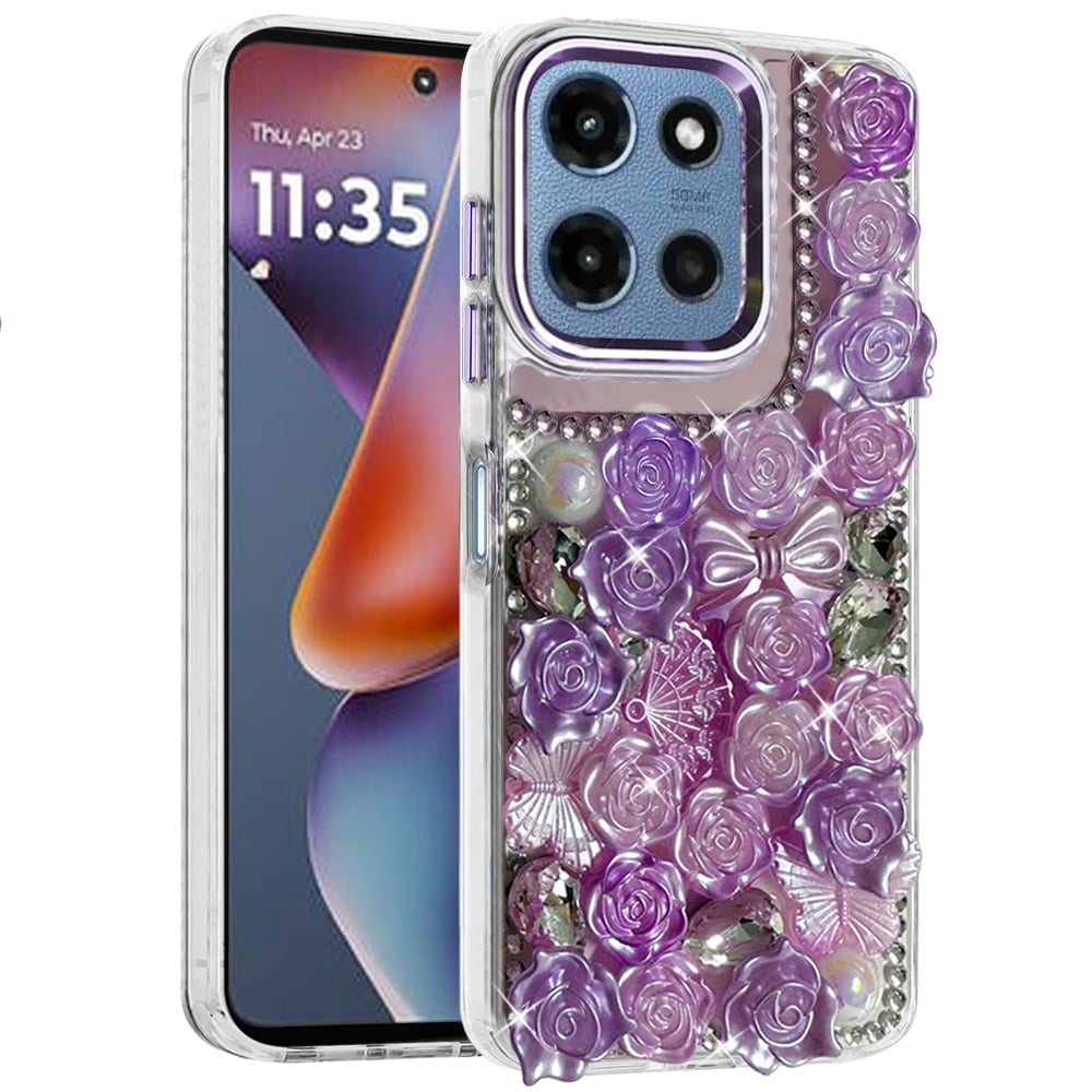 Phone Case for Motorola Moto G 5G 2026 / 2025 3D Flower Bling Rhinestone Glitter Cute Stylish Shockproof Protective Decorative Luxury Grip Stones Ornaments Cover Purple