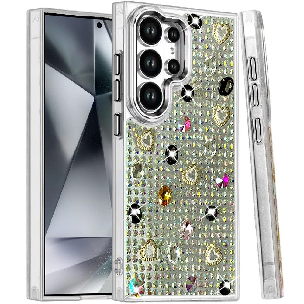 Phone Case for Samsung Galaxy S24 Ultra Chrome Fashion Hybrid Bling Diamond Heart Rhinestone Decorative Stones Sparkling Embellished Design Cover