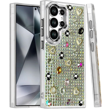 Phone Case for Samsung Galaxy S24 Ultra Chrome Fashion Hybrid Bling Diamond Heart Rhinestone Decorative Stones Sparkling Embellished Design Cover