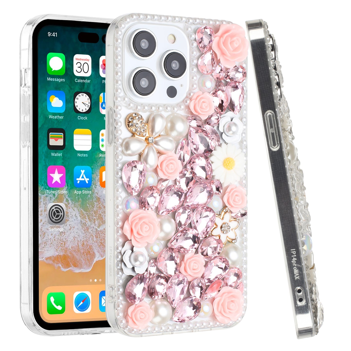 For Apple iPhone 17E /16E Fashion Rose Flower Floral, 3D Bling Crystal Full Diamonds Pearl Sparkle Rhinestone Glitter Hybrid Case Cover Pink