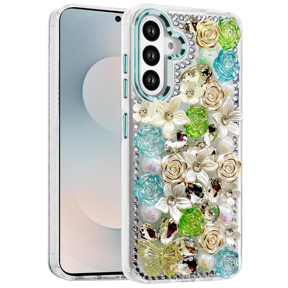 For Samsung Galaxy S25 FE, S25 Fan Edition 3D Diamond Floral Roses Flower Bling Stone Hybrid, Sparkly Rhinestone Gemstone Back Shockproof Case Cover Green
