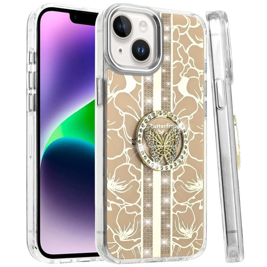 Phone Case for Apple iPhone 14 /iPhone 13 Floral Butterfly Ring Stand Glitter Bling Shockproof Hybrid Luxury Fashion Protective Anti Slip Durable Grip Cover