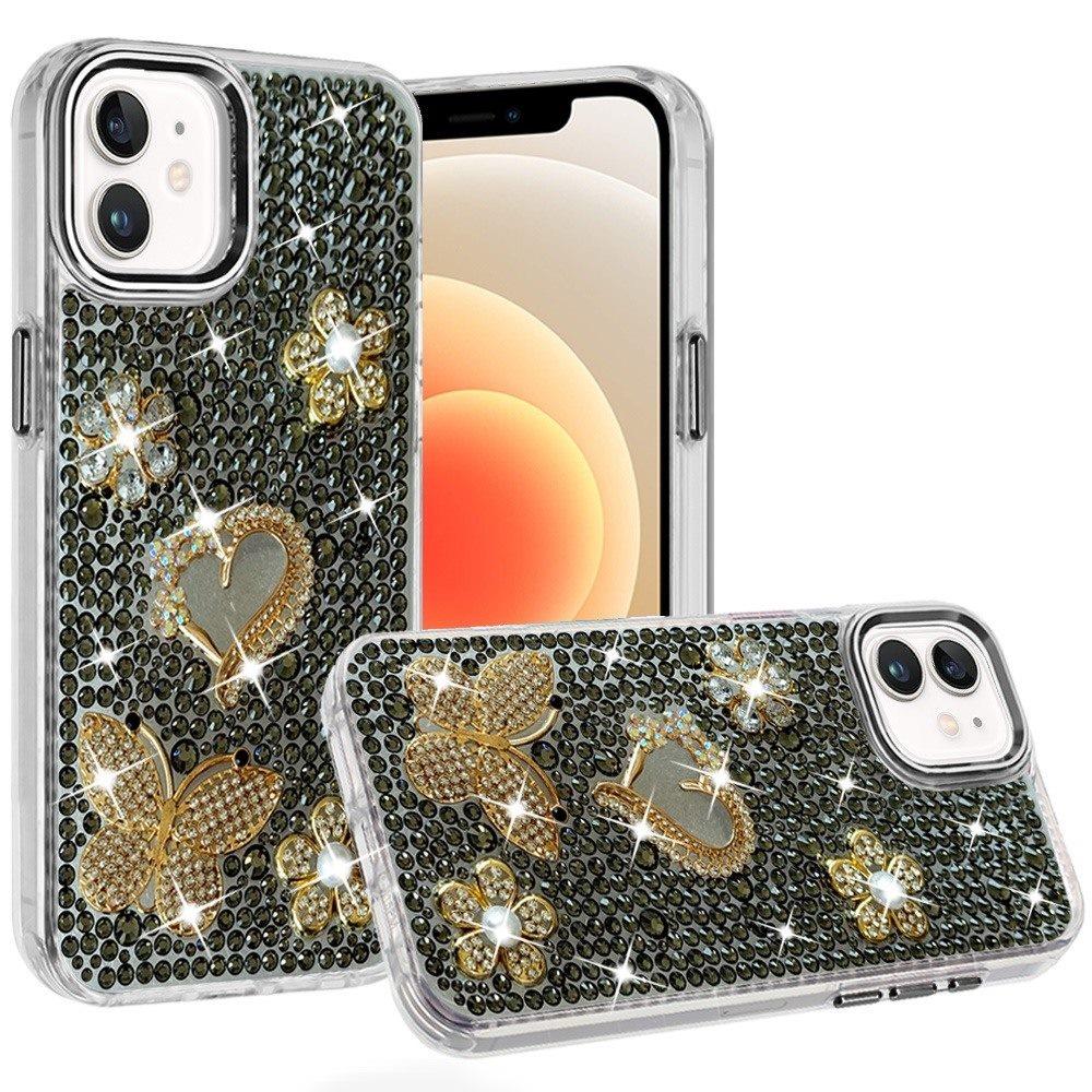 Phone Case for Apple iPhone 12 /12 Pro Luxury Crystal Butterfly Floral Jeweled Heart Full Diamond Design, Sparkling Decorative Details, Elegant Style Cover