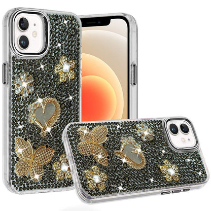 Phone Case for Apple iPhone 12 /12 Pro Luxury Crystal Butterfly Floral Jeweled Heart Full Diamond Design, Sparkling Decorative Details, Elegant Style Cover