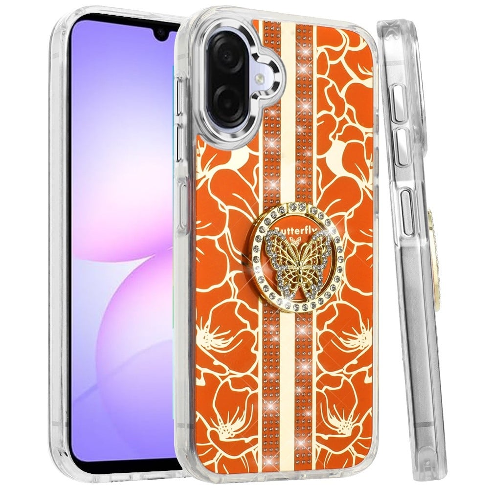 Phone Case for Samsung Galaxy A08 4G, A07 5G, A07 4G Floral Butterfly Ring Stand Glitter Bling Shockproof Hybrid Luxury Fashion Protective Anti Slip Durable Grip Cover