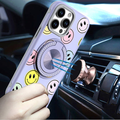 For Apple iPhone 16e Pattern Design Hybrid with Invisible Ring Stand & Magnetic Back, Shockproof Protective Grip Case Cover Emoji Smile Face