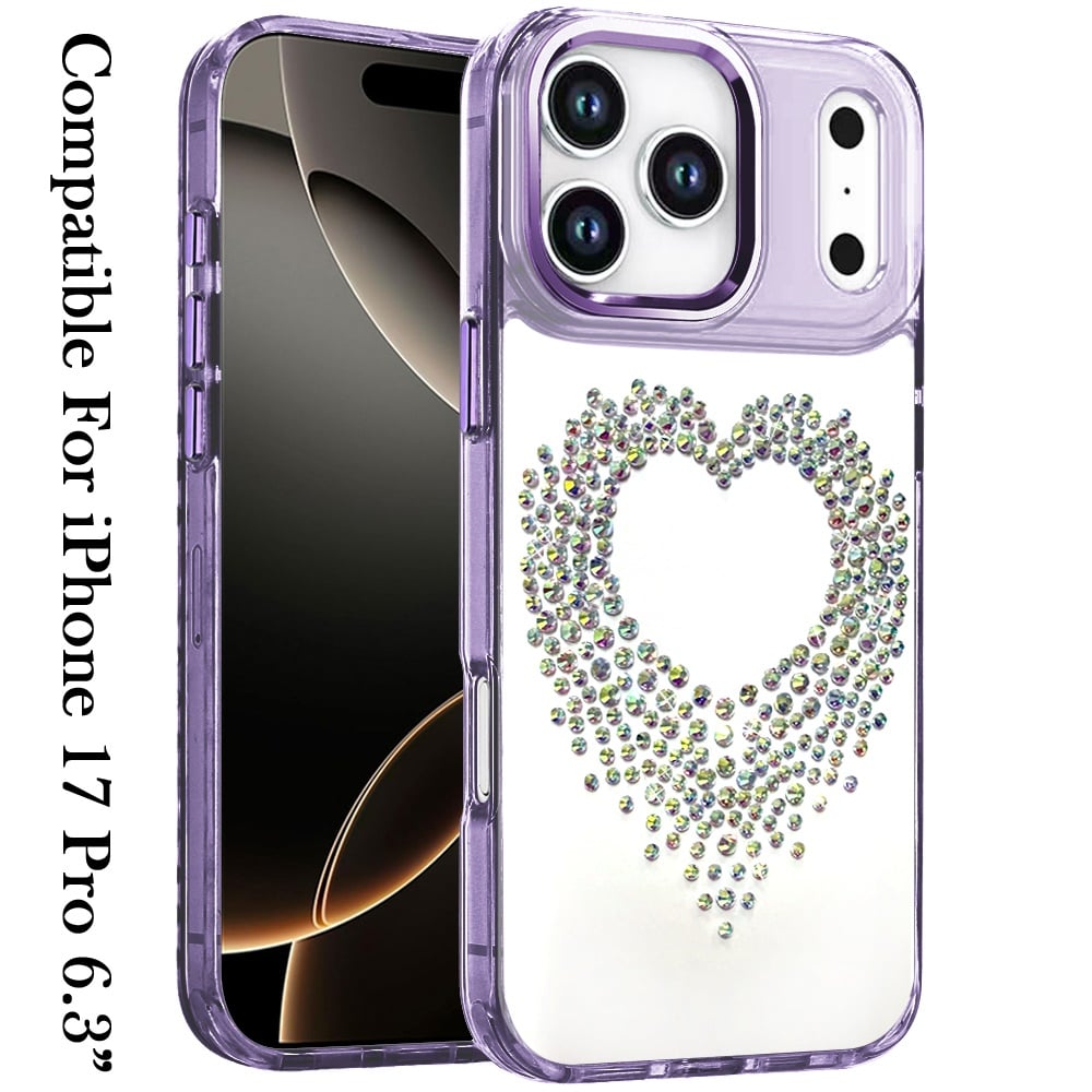 For Apple iPhone 17 Pro (6.3") Angel Hearts Bling Glitter Diamond Hybrid TPU Cover, Colorful Frame Shockproof Protective Back Case Cover Silver