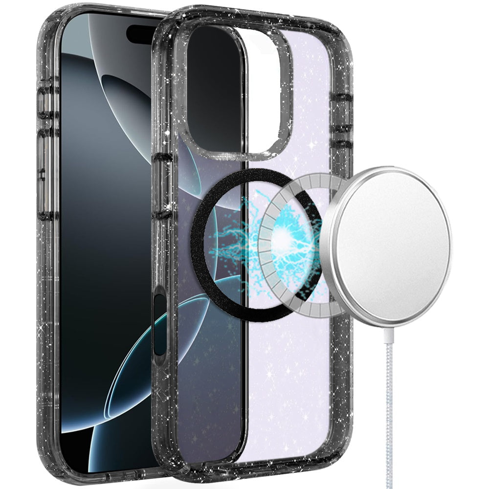 For Apple iPhone 16 Pro (6.3") Transparent Glitter Bling Sparkly Shiny Case Hybrid Magnetic Circle Compatible with MagSafe Shockproof Case Cover