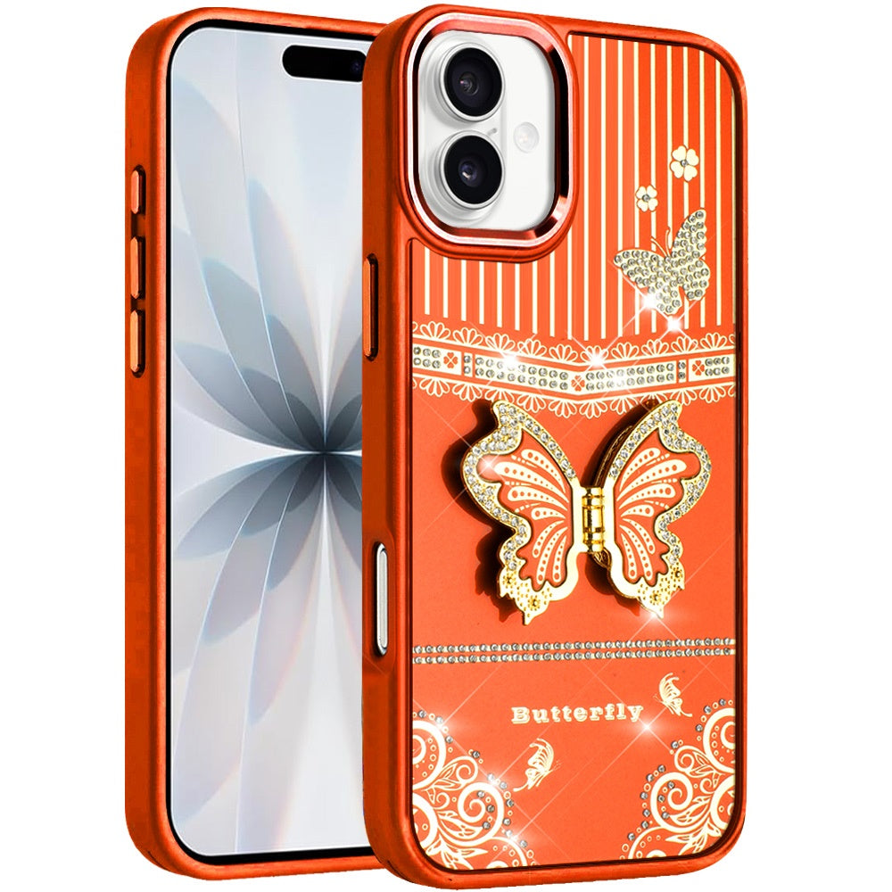 For Apple iPhone 17 (6.3") Glitter 3D Butterfly Design Bling Metallic Edge Hybrid Stand Drop Protection TPU Shockproof Case Cover
