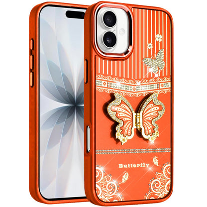 For Apple iPhone 17 (6.3") Glitter 3D Butterfly Design Bling Metallic Edge Hybrid Stand Drop Protection TPU Shockproof Case Cover