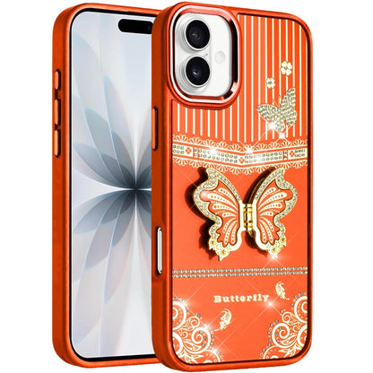 Phone Case for Apple iPhone 18/ iPhone 17 Glitter Bling Butterfly Stand Metallic Edge Hybrid Shockproof Grip Durable Camera Protection Stylish Design Cover Orange