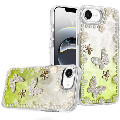 For Apple iPhone 17E /16E Bling Fashion Design with 3D Pearls Epoxy Glitter Ornaments Chrome Edge Hard Slim PC Case Cover