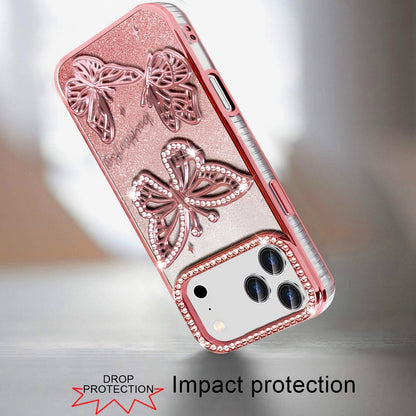 For Apple iPhone 17 Pro (6.3") Luxury Butterfly Sparkle Glitter Diamond Crystal Rhinestone Shimmer Bling Plating Thick TPU Hard PC Case Cover