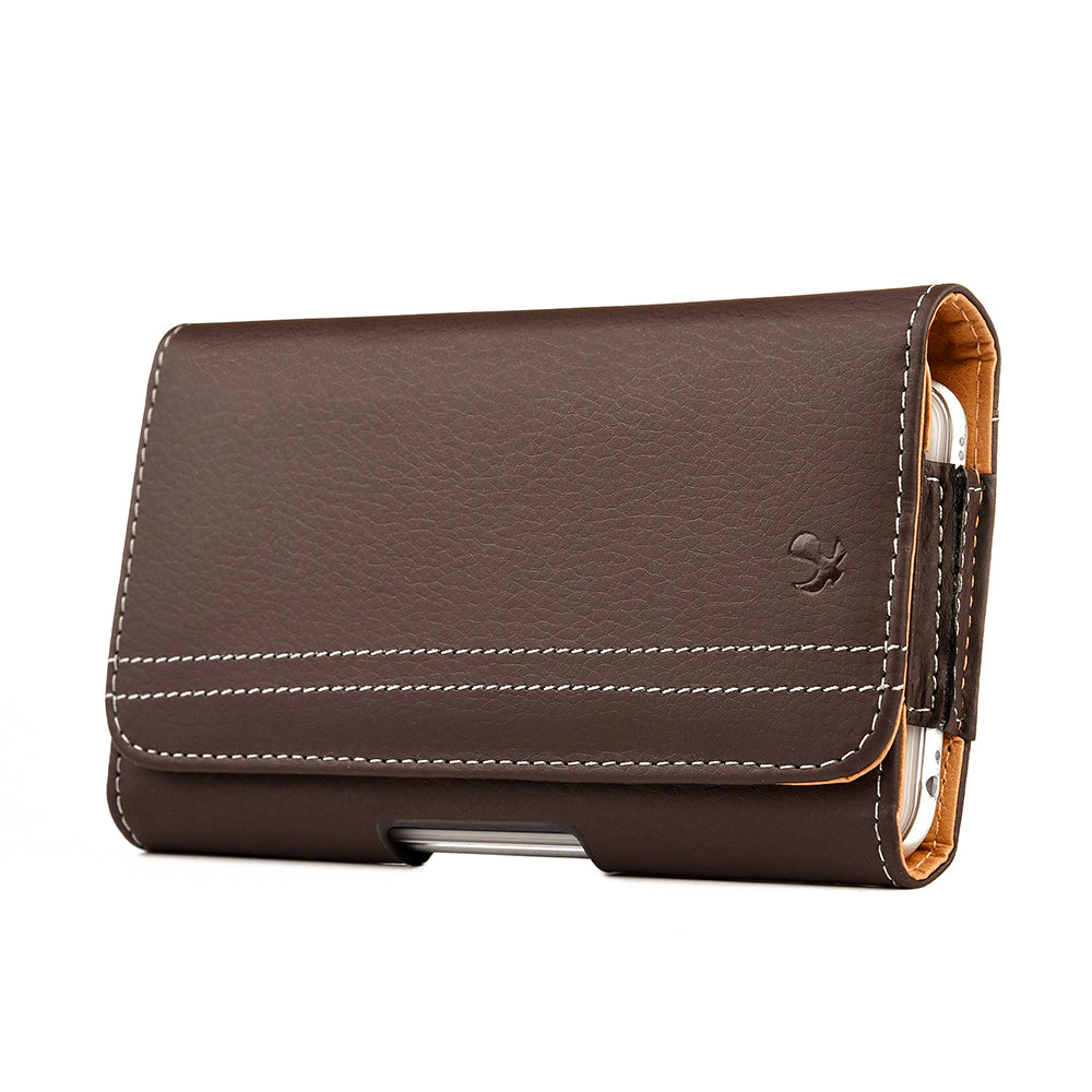 For Apple iPhone 16 Pro (6.3") Horizontal Universal Carry Pouch Cell Phone Case PU Leather Holster Belt Clip Loop Card Slot & Magnetic Closure [Brown]