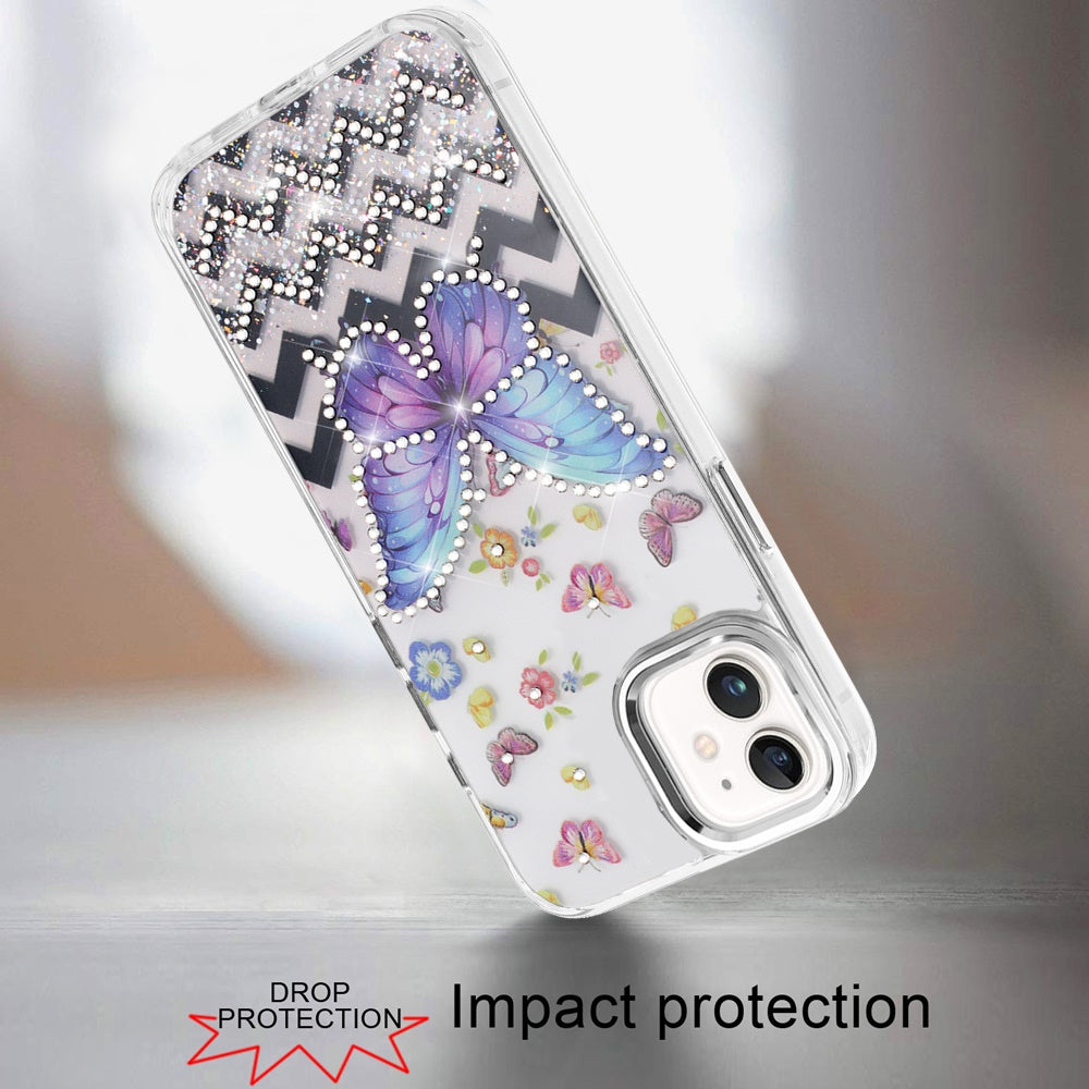 For Apple iPhone 17E /16E Butterfly Resin Epoxy Diamond Design Metal Edged Hybrid Shockproof Heavy Duty Drop Protection Case Cover