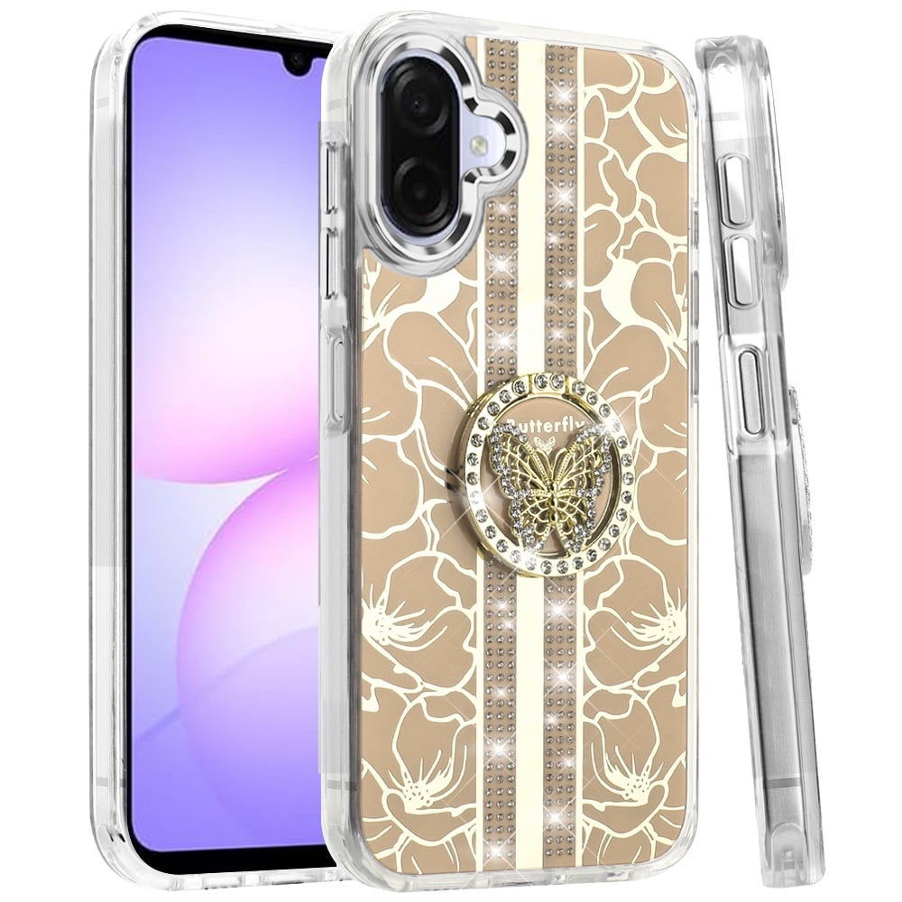 Phone Case Cover for Samsung Galaxy A07 4G Diamonds 3D Butterfly Floral Design Bling Sparkly Glitter Hybrid Metal Fashion with Ring Stand Cover