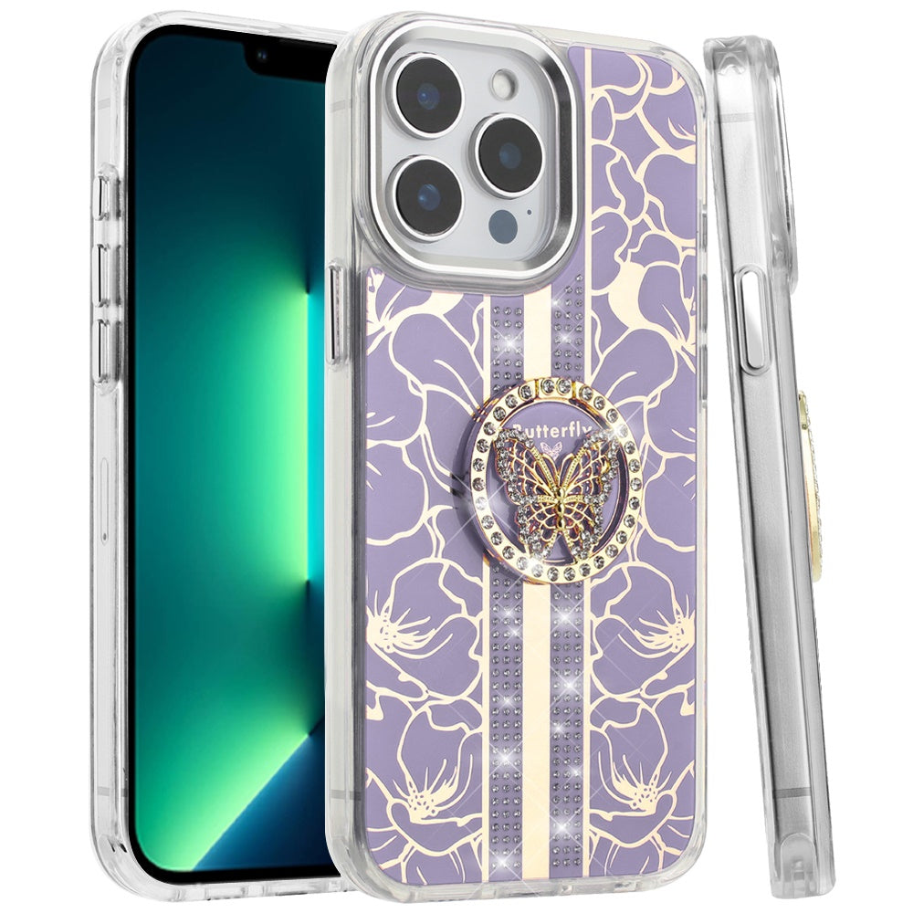 For Apple iPhone 14 Pro Max Diamonds 3D Butterfly Floral Design Bling Sparkly Glitter Hybrid Metal Fashion with Ring Stand Case Cover