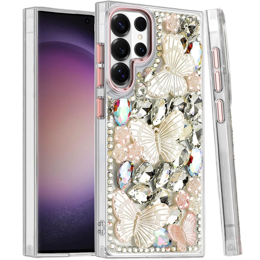 Phone Case for Samsung Galaxy S23 Ultra Luxury 3D Floral Butterfly Bling Rhinestone Glitter Shockproof Stylish Protective Hybrid Designer Metallic Cover