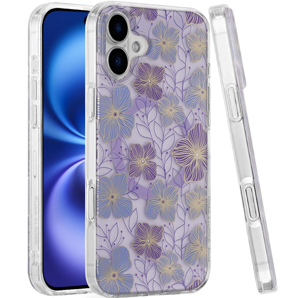 For Apple iPhone 17 AIR Stylish Pattern Fashion IMD Printed Design TPU Double Layer Slim Shockproof with Magnetic Back Case Cover Purple Flower