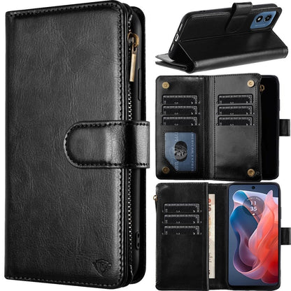 For Apple iPhone 16 Plus (6.7") Premium Leather Zipper Wallet with Credit Card Slots Money Pocket Luxury Clutch Pouch Stand & Strap Case Cover Black