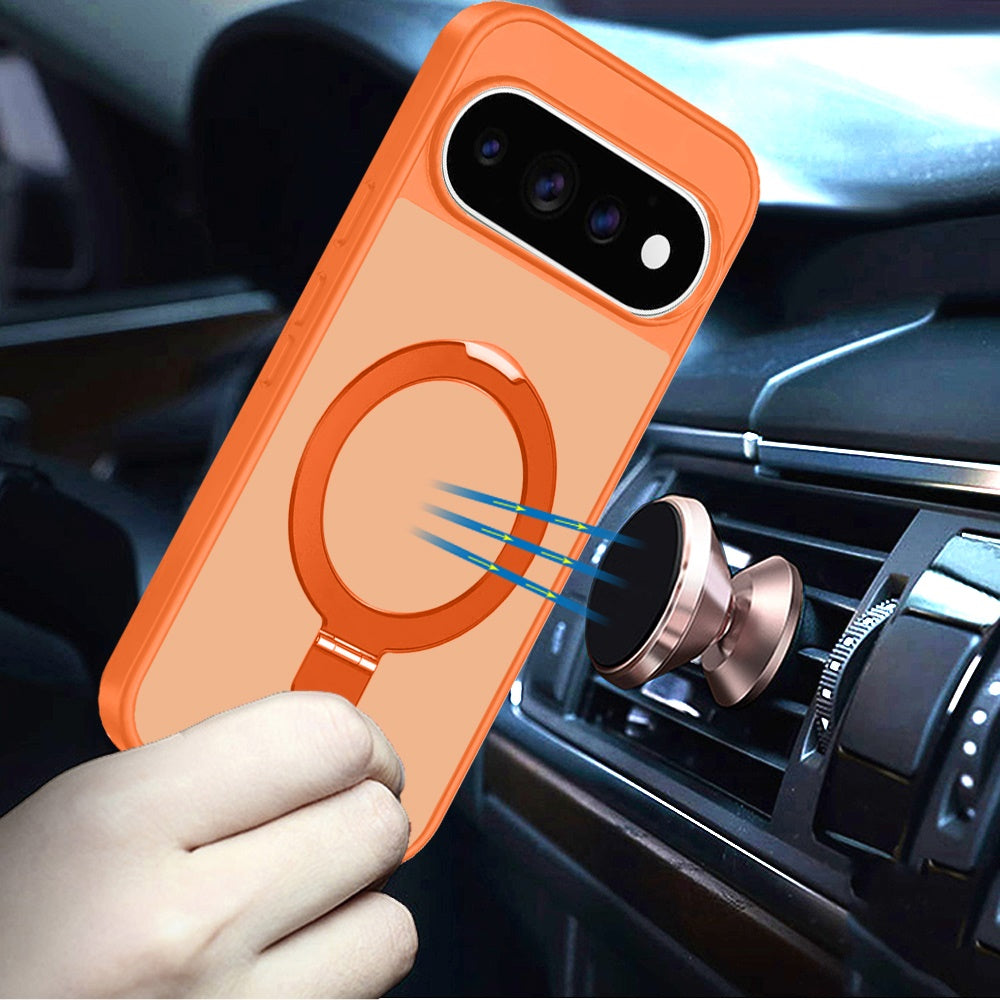 Phone Case for Google Pixel 11 /11 Pro Magnetic Ring Stand Full Rotation Matte Shockproof Grip Anti Slip Durable Camera Protection Hybrid Cover Orange
