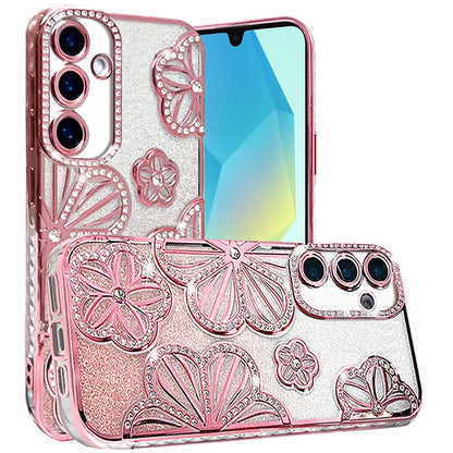 For Samsung Galaxy A16 Luxury Flower Design Sparkle Glitter Diamond Rhinestone Shimmer Bling Plating Thick TPU Hard PC Case Cover