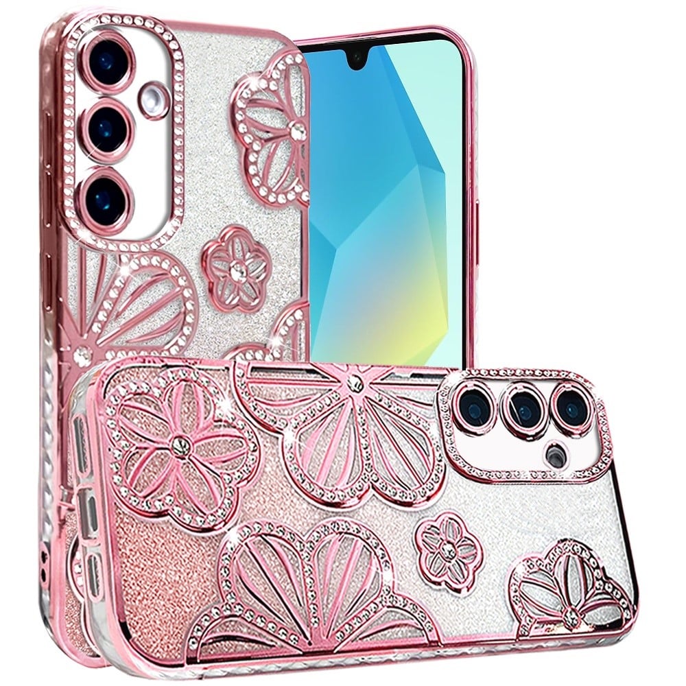 For Samsung Galaxy A16 5G Luxury Flower Design Sparkle Glitter Diamond Rhinestone Shimmer Bling Plating Thick TPU Hard PC Case Cover Rose Gold