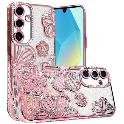For Samsung Galaxy A16 5G Luxury Flower Design Sparkle Glitter Diamond Rhinestone Shimmer Bling Plating Thick TPU Hard PC Case Cover Rose Gold