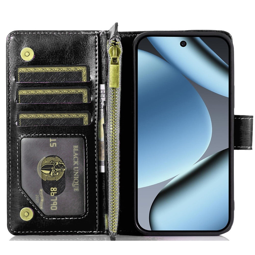 Phone Case for Google Pixel 11 Pro XL Luxury Leather Wallet Card Holder Zipper Pocket Money Storage Protective Grip Design with Strap Cover