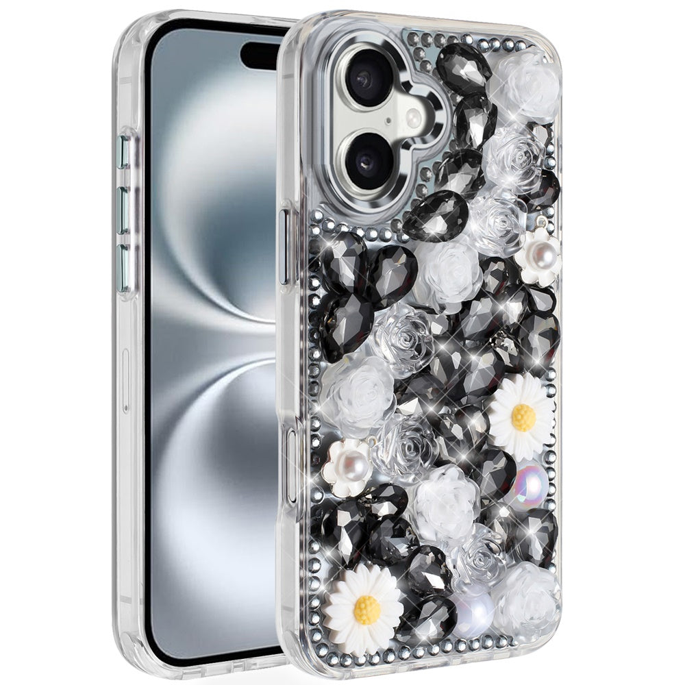 Phone Case for Apple iPhone 16 Plus Full Bling Rhinestone Glitter Floral Luxury Hybrid Shockproof Stylish Sparkling Protective Designer Ornament Cover