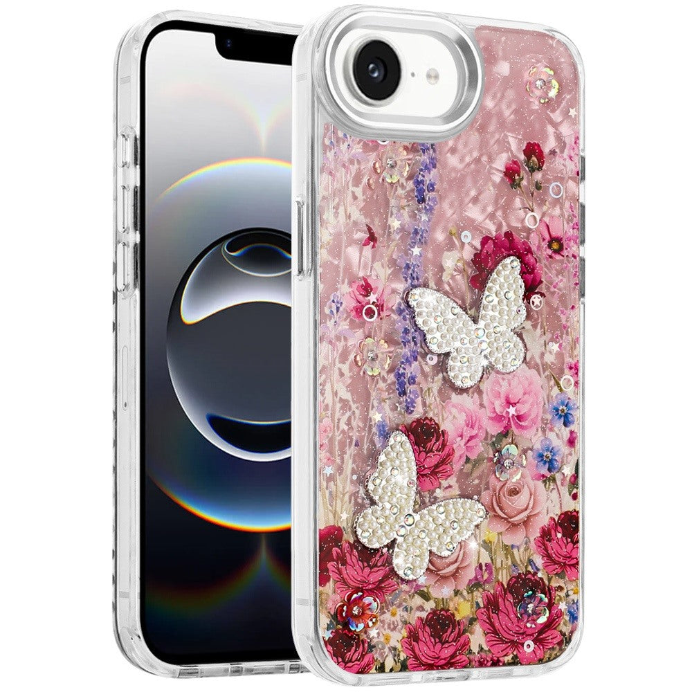 For Apple iPhone 17E /16E Epoxy Glitter Flowers Bling 3D Butterfly Fashion TPU Hybrid with Shockproof Protection Case Cover