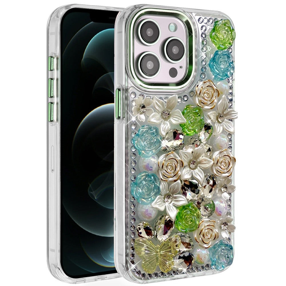 Phone Case for Apple iPhone 12 Pro Max Luxury Rose Bling Rhinestone Glitter Floral Hybrid Shockproof Stylish Protective Designer Ornament Sparkle Cover