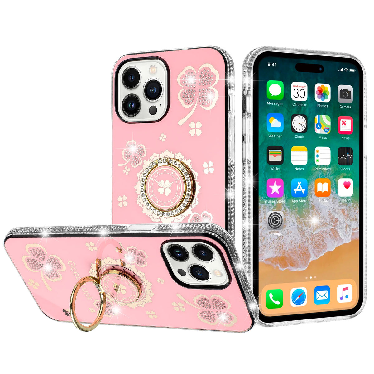 Phone Case for Apple iPhone 15 Glitter Diamond Ring Stand Sparkle Rhinestone Edge AntiSlip Kickstand Luxury Fashion Bumper Shockproof Cover Pink