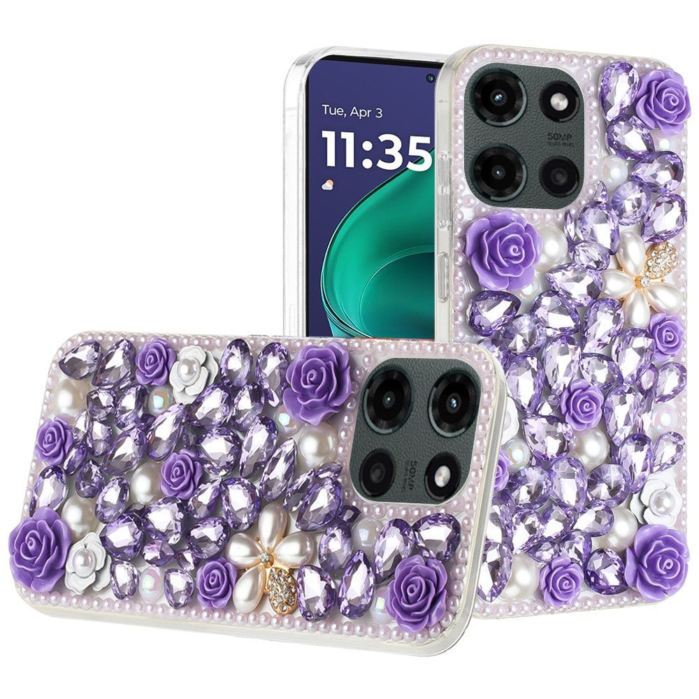 For Motorola Moto G Stylus 5G 2025 Fashion Rose Flower Floral Bling Crystal 3D Full Diamonds Pearl Sparkle Rhinestone Glitter Hybrid Case Cover