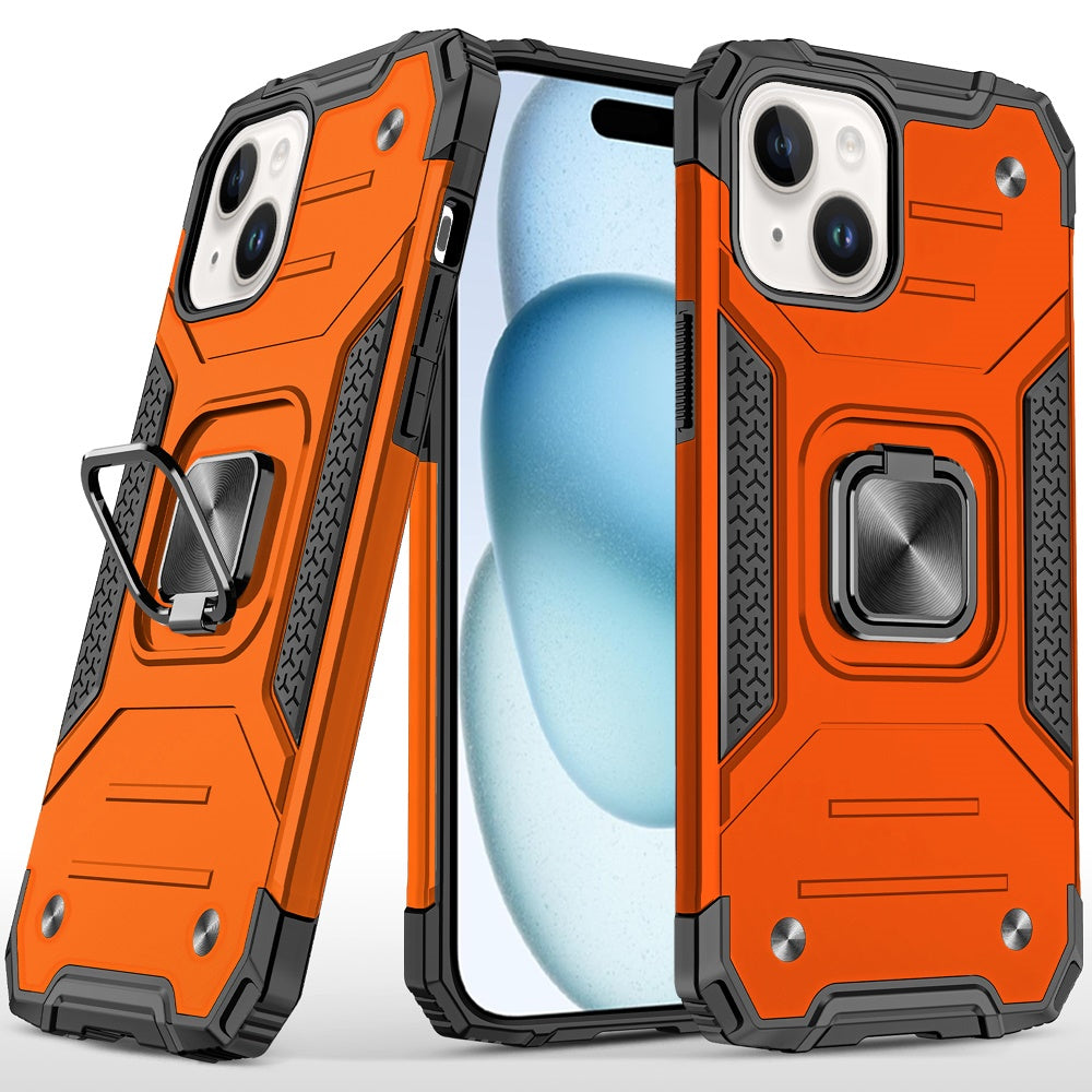 For iPhone 15 Plus (6.7") Armor Hybrid Magnetic Stand with Ring Holder Kickstand Shockproof Heavy-Duty Durable Rugged TPU Dual Layer Case Cover Cosmic Orange