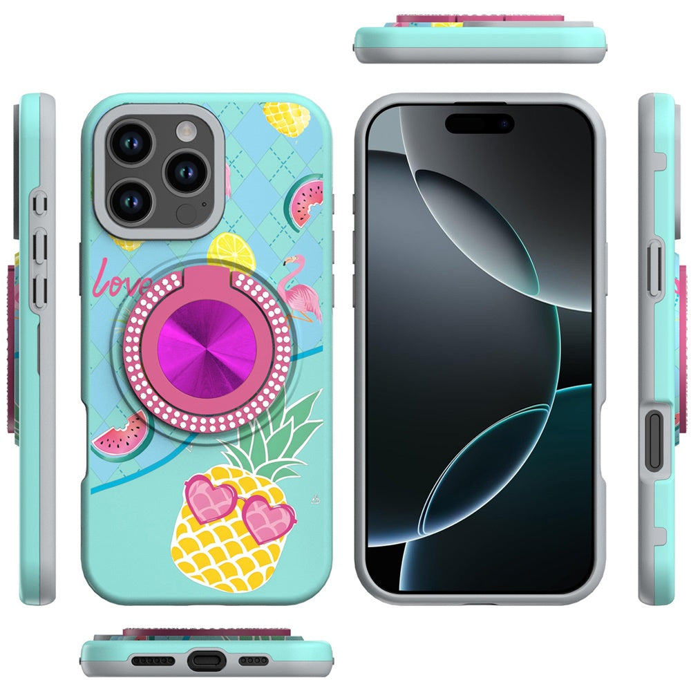 For Apple iPhone 16 Pro Pattern Design Hybrid with Invisible Ring Stand & Magnetic Back, Shockproof Protective Grip Case Cover