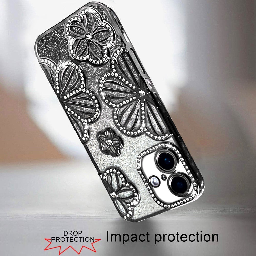 Phone Case for Apple iPhone 16 Plus Shimmer Glitter Floral Thick TPU Shockproof Durable Grip Camera Protection Anti-Scratch Stylish Design Cover