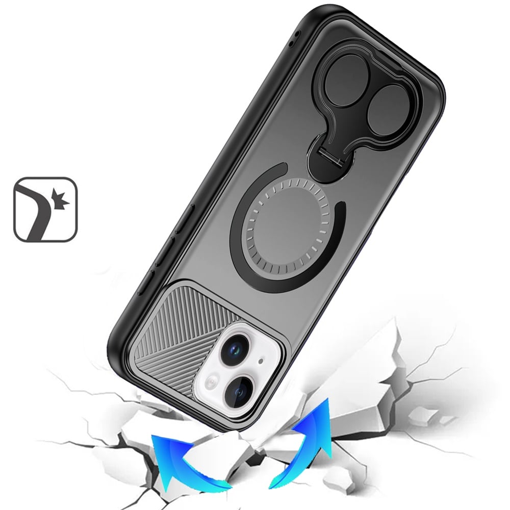 For iPhone 15 (6.1") Hybrid with Invisible 2 Hole Ring Stand Magnetic back Car Mount Friendly Protector Case Cover