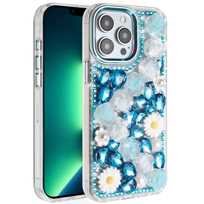 Phone Case for Apple iPhone 13 Pro Max Full Bling Rhinestone Glitter Floral Luxury Hybrid Shockproof Stylish Sparkling Protective Designer Ornament Cover Blue