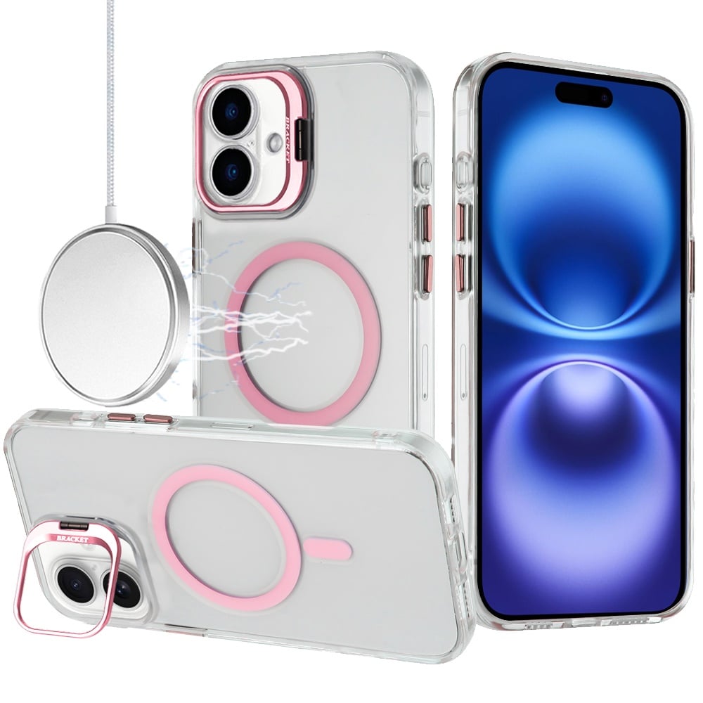 Phone Case for Apple iPhone 18/ iPhone 17 Clear Metallic Camera Stand Magnetic Hybrid TPU Shockproof Grip Camera Protection Kickstand Durable Armor Cover Pink