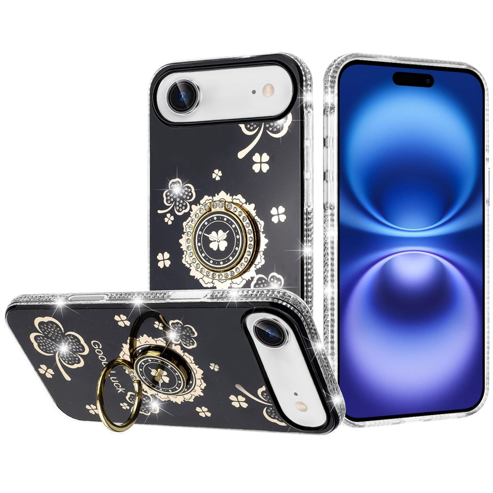 For Apple iPhone 17 Air (6.6") Diamonds Bling All Around Edges Sparkly Glitter Hybrid with Ring Stand Holder Fashion Good Luck Case Cover