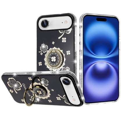 For Apple iPhone 17 Air (6.6") Diamonds Bling All Around Edges Sparkly Glitter Hybrid with Ring Stand Holder Fashion Good Luck Case Cover
