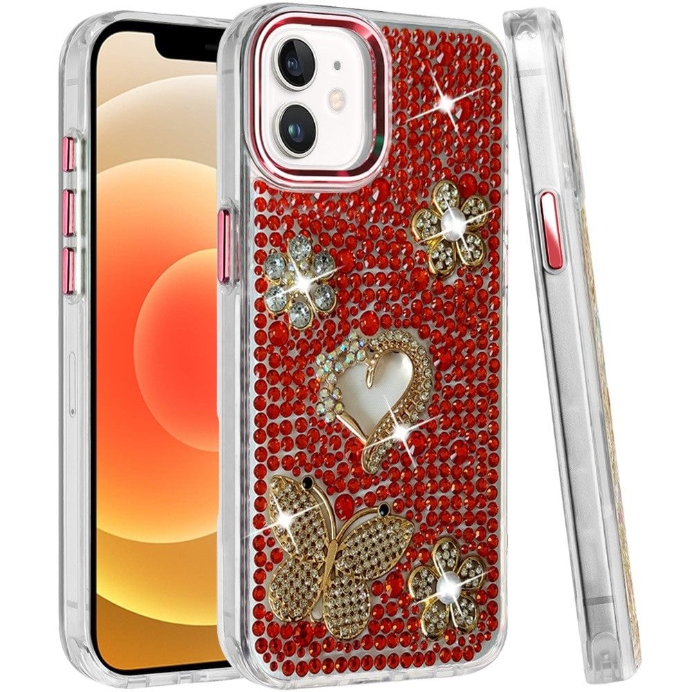 Phone Case for Apple iPhone 12 /12 Pro Luxury Crystal Butterfly Floral Jeweled Heart Full Diamond Design, Sparkling Decorative Details, Elegant Style Cover