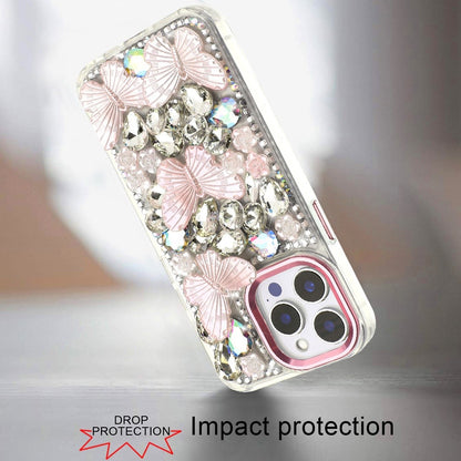 Phone Case for iPhone 15 Pro (6.1") Luxury 3D Floral Butterfly Bling Rhinestone Glitter Shockproof Stylish Protective Hybrid Designer Metallic Cover