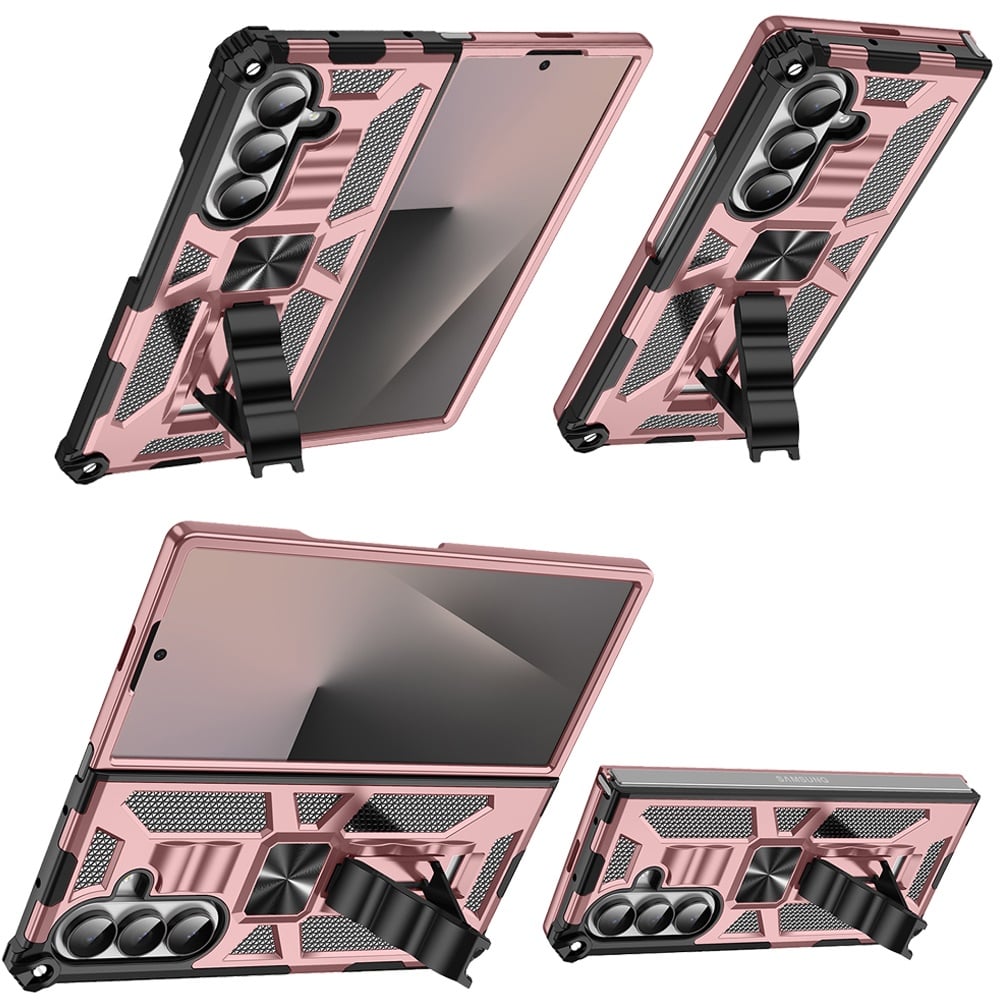 Phone Case for Samsung Galaxy Z Fold 7 Built in Magnetic Hiden Kickstand Shockproof Rugged Armor Grip Hybrid Heavy Duty Anti Slip Protective Style Cover Rose Gold