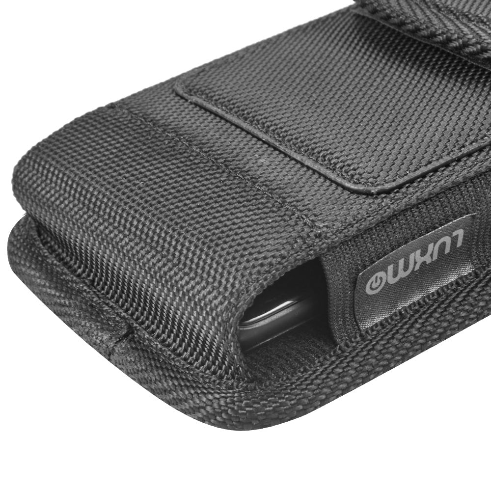 For Apple iPhone 16 (6.1") Universal Nylon Pouch Case Vertical Phone Holster with Dual Card Slots, Pen Holder, Belt Clip Loop & Hook Cover [Black]