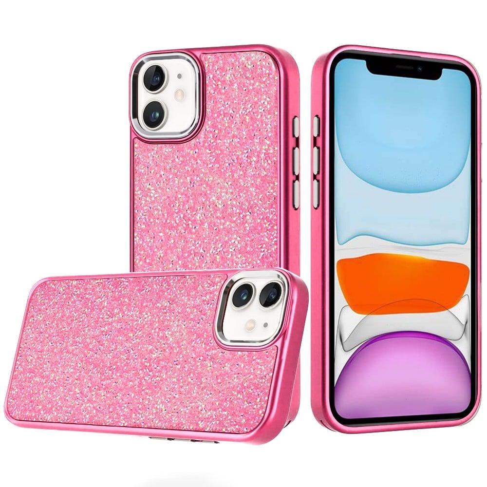 Phone Case for Apple iPhone 11 Crystal Glass Bling Diamond Metallic Edge Shockproof Durable Protective Clear Hybrid Stylish Premium Design Cover Hotpink