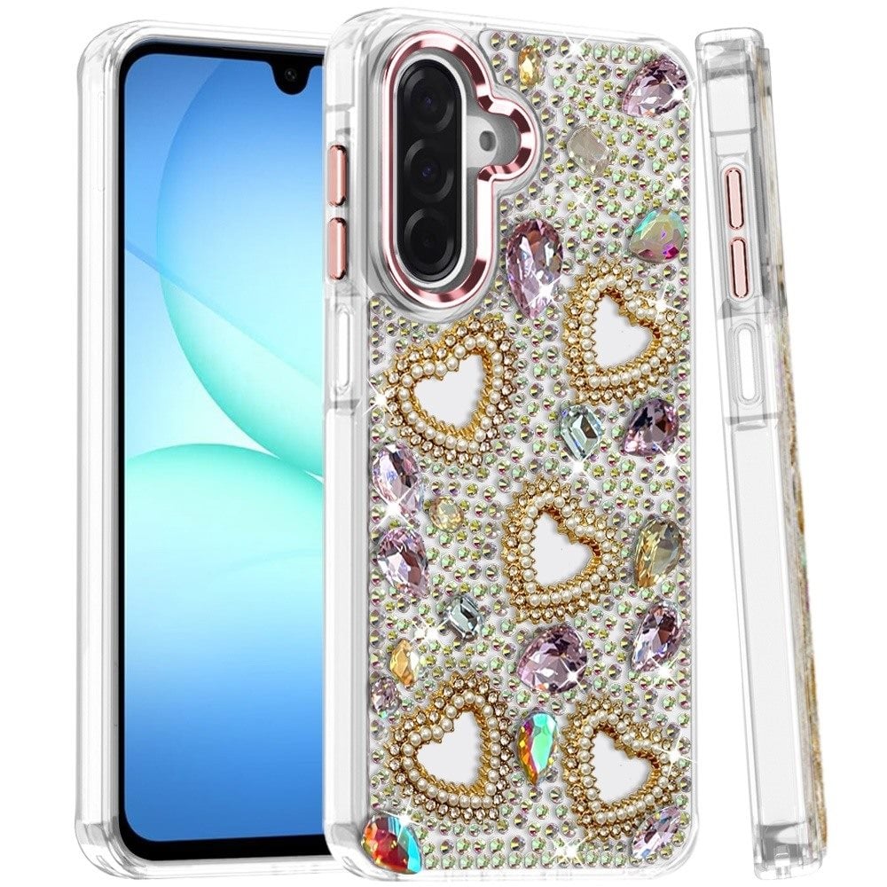 Phone Case for Samsung Galaxy A17 Luxury Crystal Heart Rhinestone Diamond Bling Shockproof Hybrid Glitter Protective Stylish Durable Grip Cover