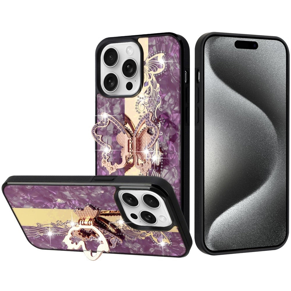 Diamond Glitter Butterfly Engraved Ring Stand Luxury Bling Hybrid Shockproof Chrome Edge Protective Durable Grip
